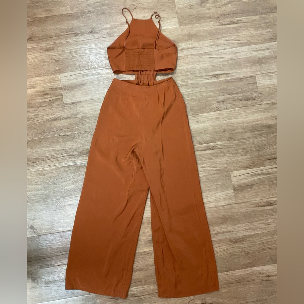 Medium-Warm-Brown  jumpsuit- adjustable spaghetti straps and pockets, open back